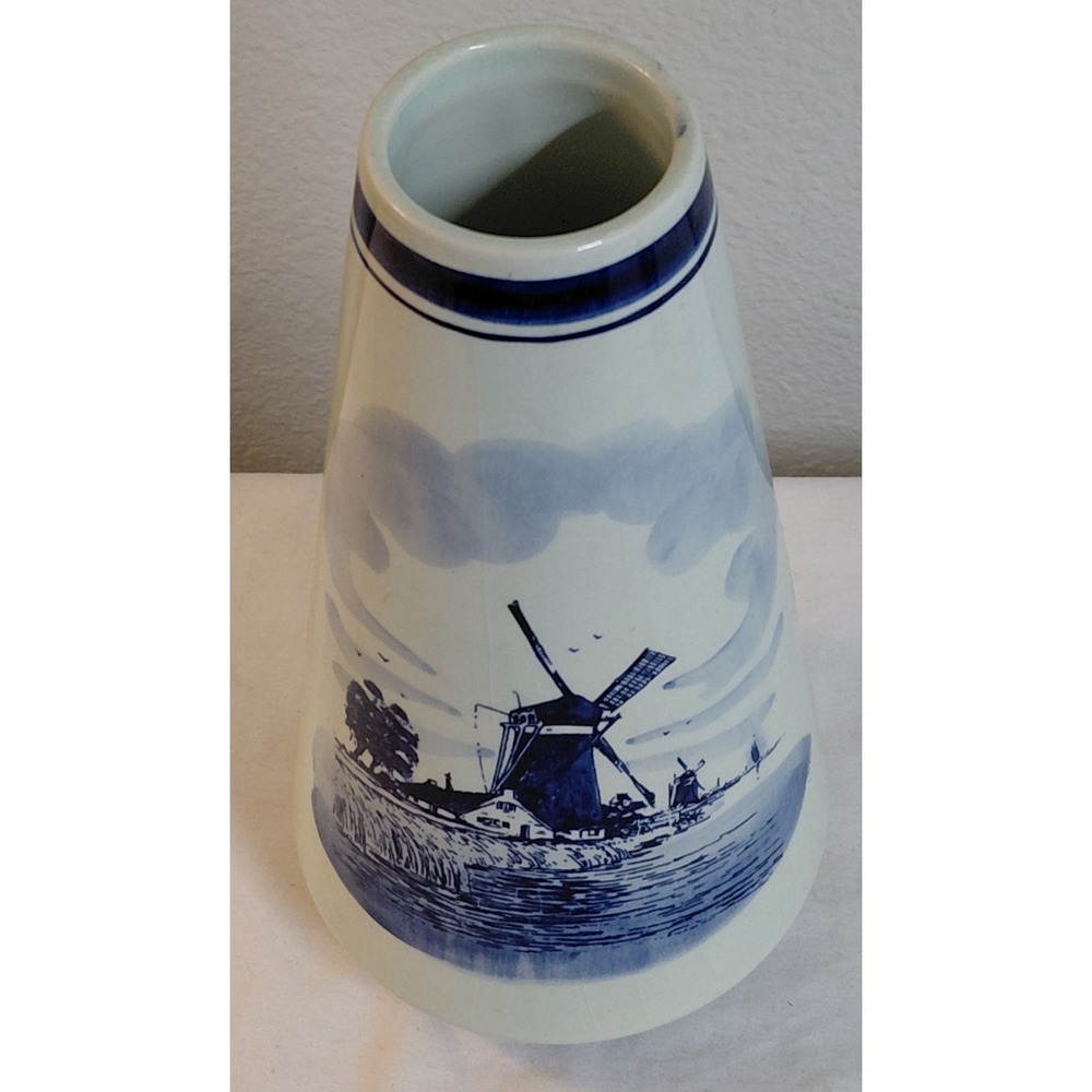 Vintage Delft Blue Hand Painted Holland Windmill Vase Dutch Scenic Pottery 8" - Picture 3 of 6